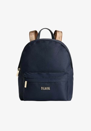Zaino navy con superficie liscia, tessuto textured, scomparto principale con zip, tasca frontale e spallacci in pelle marrone impresse con un motivo.
