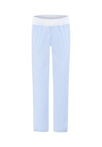 Hellblau karierte Hose mit elastischem Bund, geraden Beinen und einer weichen Textur, geeignet für lässige Kleidung.