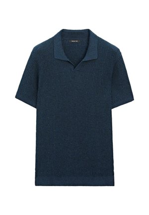 Navy blue short-sleeve knit polo shirt with textured ribbed pattern and a soft folded collar.