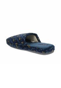 Zapatillas de casa en azul marino, tipo slip-on, hechas de una tela suave con una textura lisa, que presentan un estampado amarillo de "ride" y una plantilla acolchada.