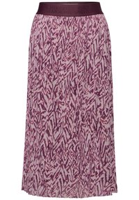 Gonna viola a fantasia con un design plissettato. Presenta una vita testurizzata con testo impresso. Il tessuto leggero crea un movimento fluido.