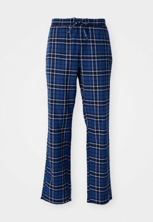 Blauwe geruite loungebroek met een trekkoord in de taille, voorzien van witte lijnen en een losse pasvorm. Gemaakt van zachte stof, ontworpen voor comfort.