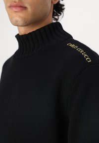 Μαύρο ριγέ πουλόβερ τύπου φούτερ από καπιτονέ ύφασμα. Διαθέτει κεντημένη την ένδειξη "CARLO COLUCCI" σε χρυσό στον ώμο.