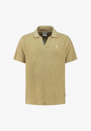 Polo majica kratkih rukava od mekog bež ručnog frotira s V-izrezom i malim izvezenim logom na grudima. Glatka tekstura i opušten kroj.