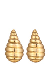 Boucles d'oreilles couleur or en forme de coquillages en spirale, présentant une surface lisse et réfléchissante ainsi qu'un design effilé avec des rainures uniformes.