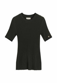 Dunkelgrünes, geripptes T-Shirt mit kurzen Ärmeln und einem Rundhalsausschnitt sowie einem dezenten Logoakzent am Ärmel, das ein strukturiertes Strickdesign präsentiert.