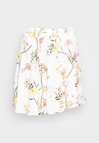 Jupe fleurie avec un fond blanc, présentant des imprimés botaniques roses, jaunes et verts. Fabriquée en tissu léger avec une taille élastique.