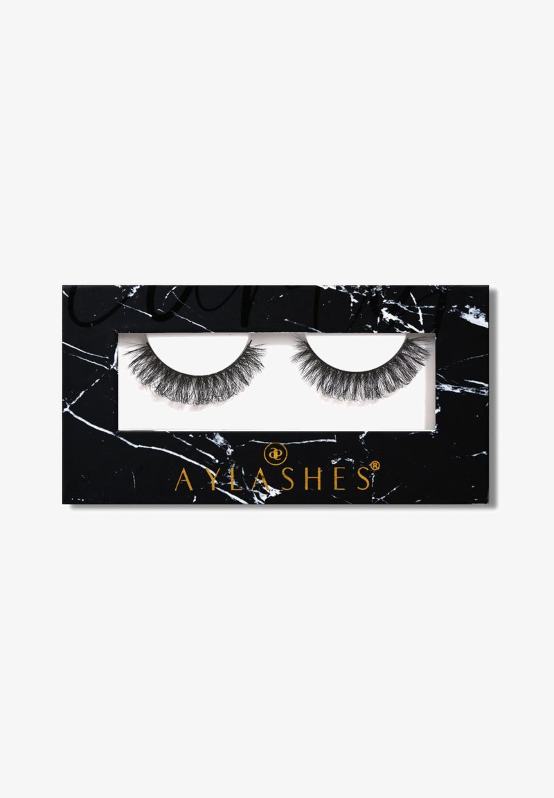 False eyelash pair with thick, voluminous black lashes displayed in black marble-patterned box with gold AY LASHES branding.