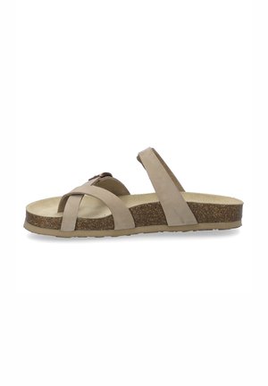 Brown leather slide sandals with cross straps, cork footbed, and textured rubber sole; flat design, minimalistic with a neutral color palette.