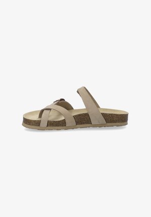 Brune læder slide sandaler med krydsseler, korkfodbed og textured gummisål; flad design, minimalistisk med en neutral farvepalet.