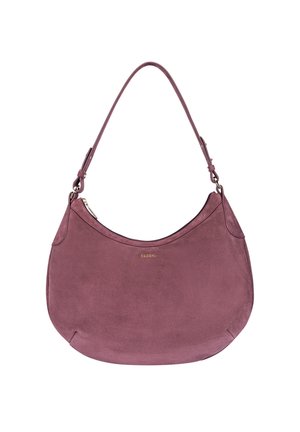 Suede shoulder bag in muted mauve with a rounded silhouette, gold-tone hardware, and a single adjustable strap for versatile wear.
