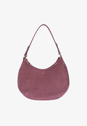 Wildleder-Schultertasche in sanftem Mauve mit abgerundeter Silhouette, goldfarbenen Beschlägen und einem einzelnen verstellbaren Träger für vielseitiges Tragen.
