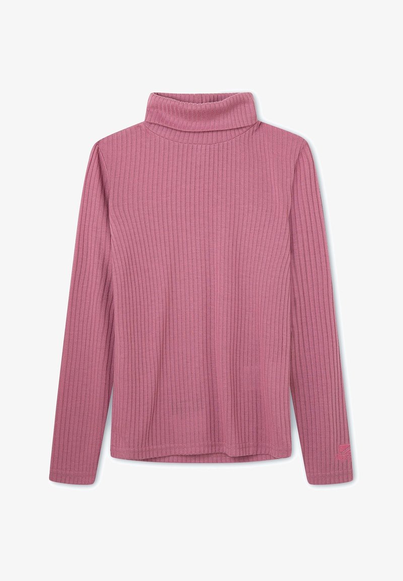 Přiléhavý rolák v jemně růžové barvě, s dlouhými rukávy a volným střihem. Materiál má hladký povrch s jemným strečem.