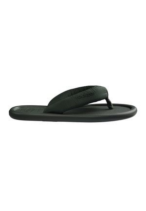 Sort polstret flip-flop sandal med tekstureret sål og tyk polstret rem med præget "havaianas" logo.