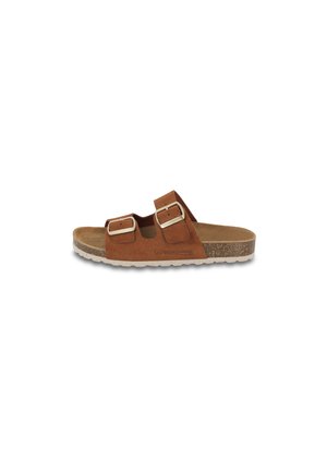 Brown suede slide sandal with two adjustable straps and silver buckles. Cork-like sole with textured surface for grip and comfort.