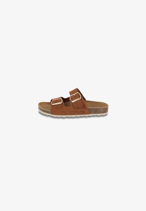 Brown suede slide sandal with two adjustable straps and silver buckles. Cork-like sole with textured surface for grip and comfort.