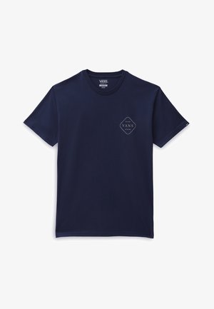 T-shirt en coton bleu marine avec col rond, manches courtes, et un petit logo VANS en forme de diamant blanc sur la poitrine gauche.