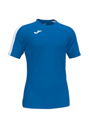 Blaues Sportshirt mit kurzen Ärmeln, weißen Streifen auf den Schultern und einem weißen Logo auf der rechten Brust.