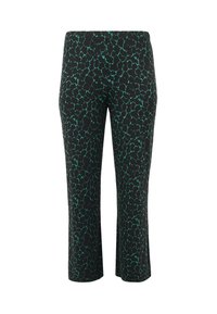 Zwarte cropped broek met een onregelmatig groen luipaardprintpatroon en rechte pijpen.