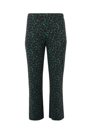 Zwarte cropped broek met een onregelmatig groen luipaardprintpatroon en rechte pijpen.