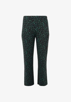 Pantalons noirs cropped avec un motif léopard vert irrégulier et des jambes droites.