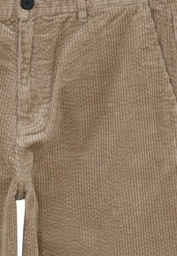 Beige kordfløjlsbukser med lodret ribbet struktur, frontlukning med knap og lommer. Stoffet er blødt og har en let glans.