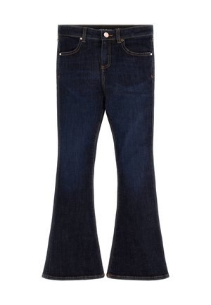 Jean en denim bleu foncé à taille haute, bouton devant, jambes évasées, avec coutures apparentes et poches avant.