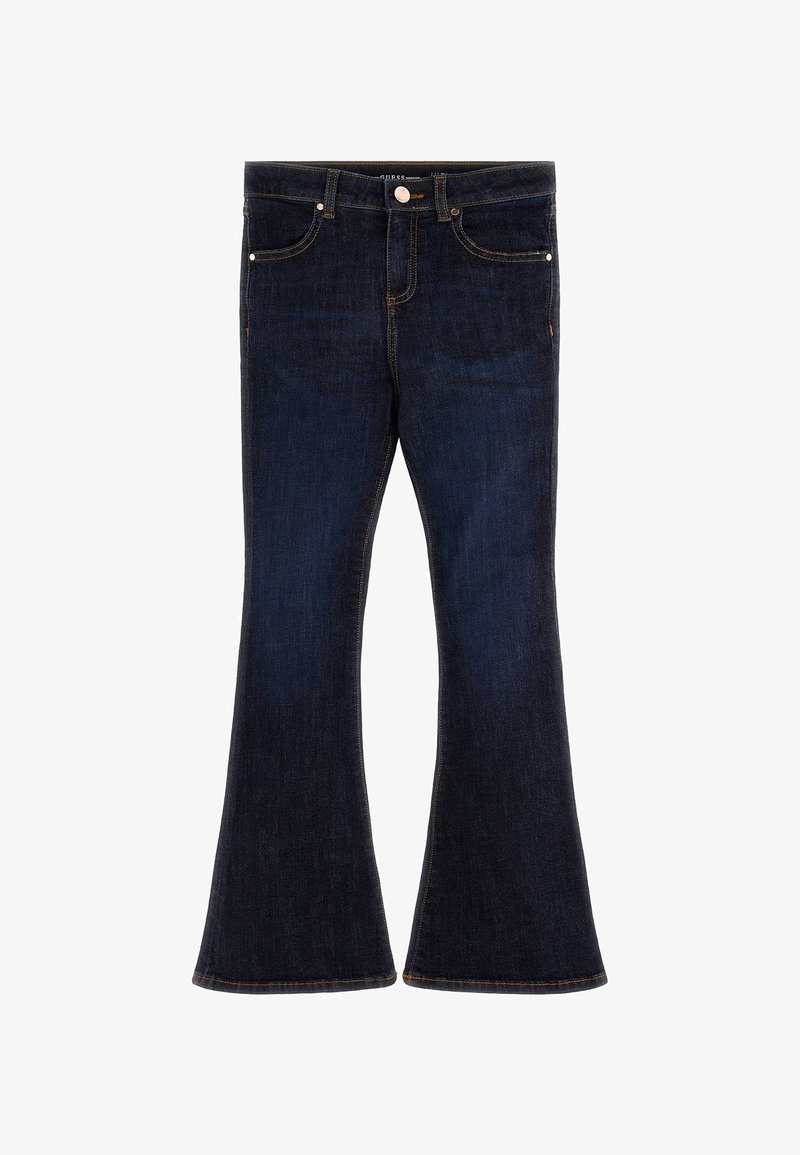 Jean en denim bleu foncé à taille haute, bouton devant, jambes évasées, avec coutures apparentes et poches avant.