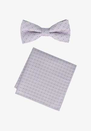Purple patterned bow tie with matching pocket square, both featuring a subtle geometric design. Smooth texture and classic shape.
