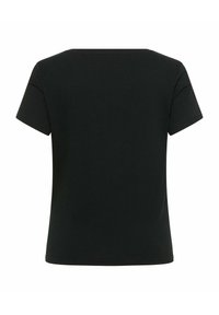 Einfaches schwarzes Kurzarm-T-Shirt mit geradem Saum und quadratischem Ausschnitt, von hinten gezeigt.