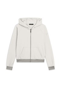 Felpa con zip grigia chiara dal morbido tessuto, con tasca frontale e polsini a righe. Presenta un cappuccio con coulisse e maniche raglan.