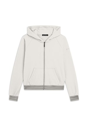 Felpa con zip grigia chiara dal morbido tessuto, con tasca frontale e polsini a righe. Presenta un cappuccio con coulisse e maniche raglan.