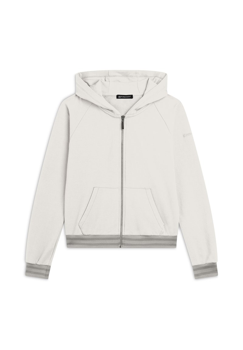 Felpa con zip grigia chiara dal morbido tessuto, con tasca frontale e polsini a righe. Presenta un cappuccio con coulisse e maniche raglan.