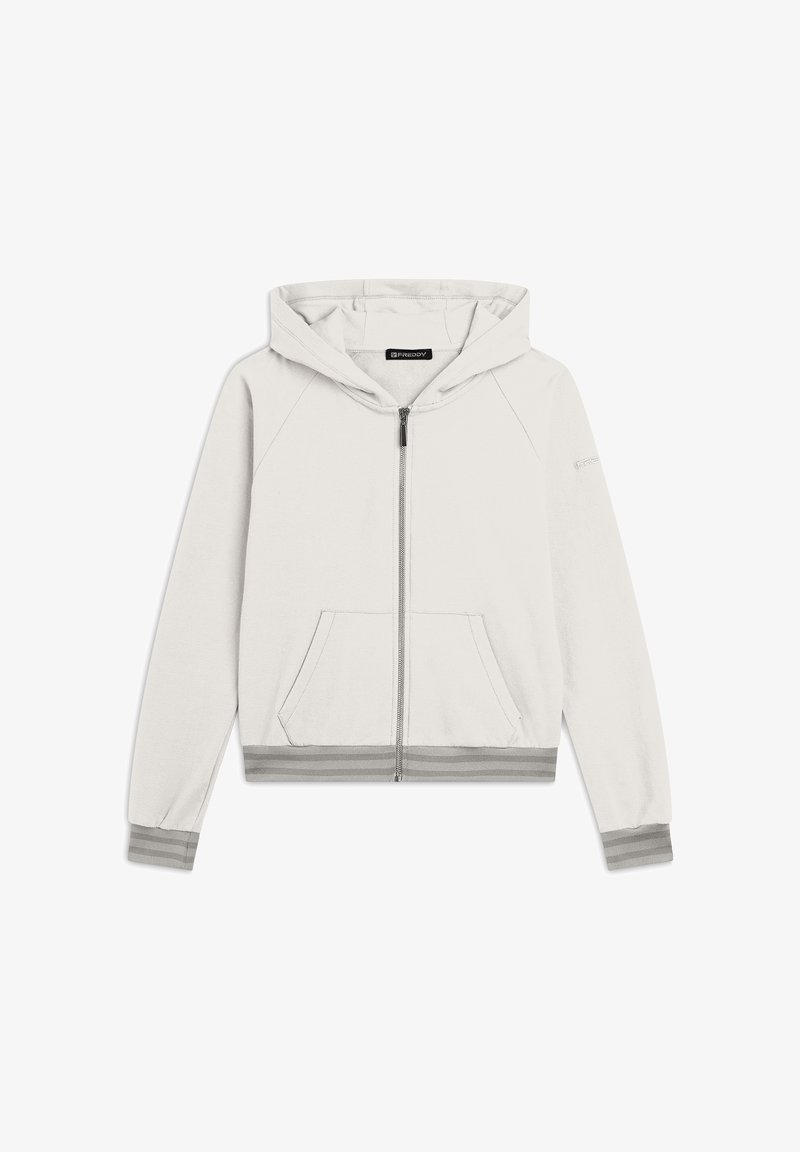 Haut à zip gris clair avec une texture douce, une poche avant et des poignets rayés. Il est doté d'une capuche avec cordon de serrage et de manches raglan.