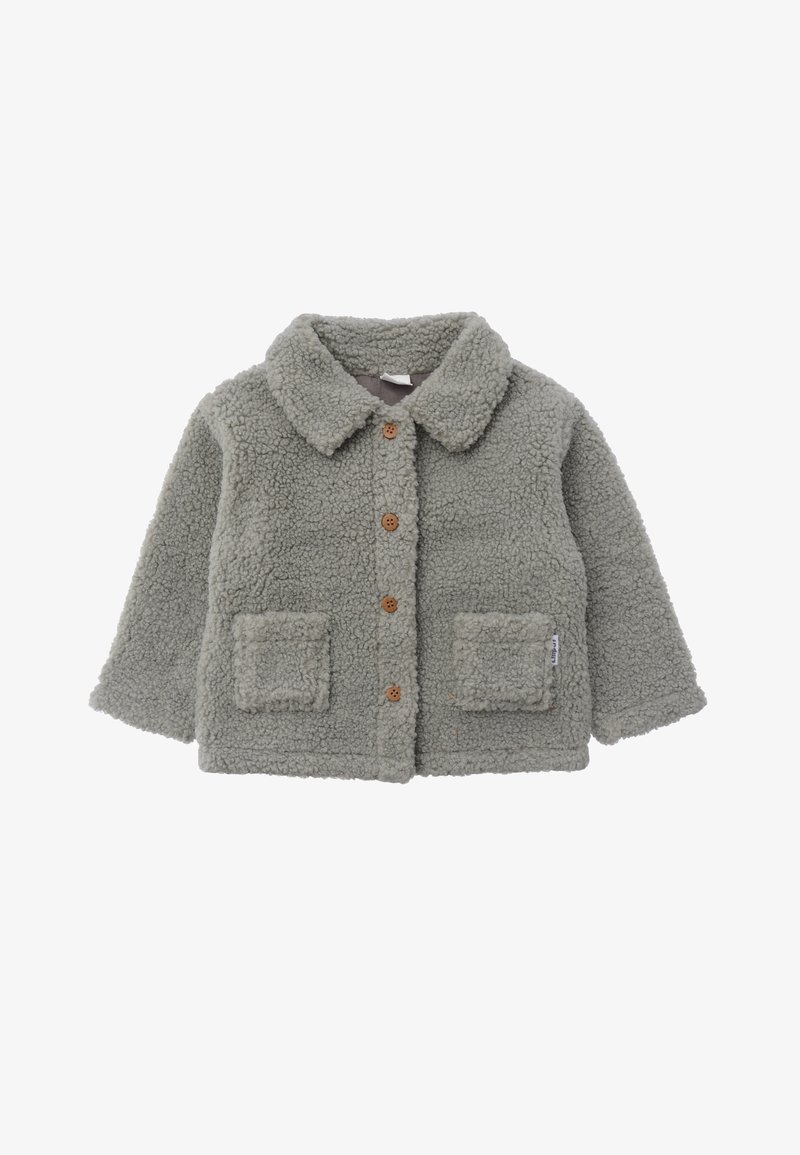 Faux-Fur- grüne Jacke mit kragenförmigem Ausschnitt, fünf braunen Knopfverschluss und zwei aufgesetzten Taschen auf der Vorderseite. Weicher, strukturierter Stoff.