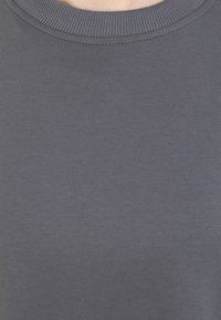 Felpa grigia a girocollo realizzata in morbido cotone testurizzato. Presenta un design semplice con un collo a coste e un tessuto liscio e uniforme.