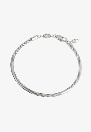 Ezüst színű karkötő rugalmas, kígyó lánc dizájnnal. Lobster záras és egy bonyolult kagyló alakú dísz található rajta.