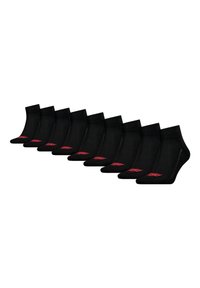 Schwarze Socken mit geripptem Bündchen und kurzer Gestaltung. Jede Socke hat ein kleines rotes Logo an der Seite. Das Pack enthält zehn Paare.