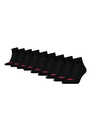 Black socks with a ribbed cuff and a short design. Each sock features a small red logo on the side. Pack includes ten pairs.