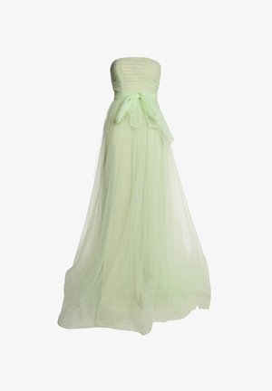 Strapless kjole i lysegrøn. Har en draperet overdel og en svævende tylskirt med et matchende satinbælte knyttet ved taljen.