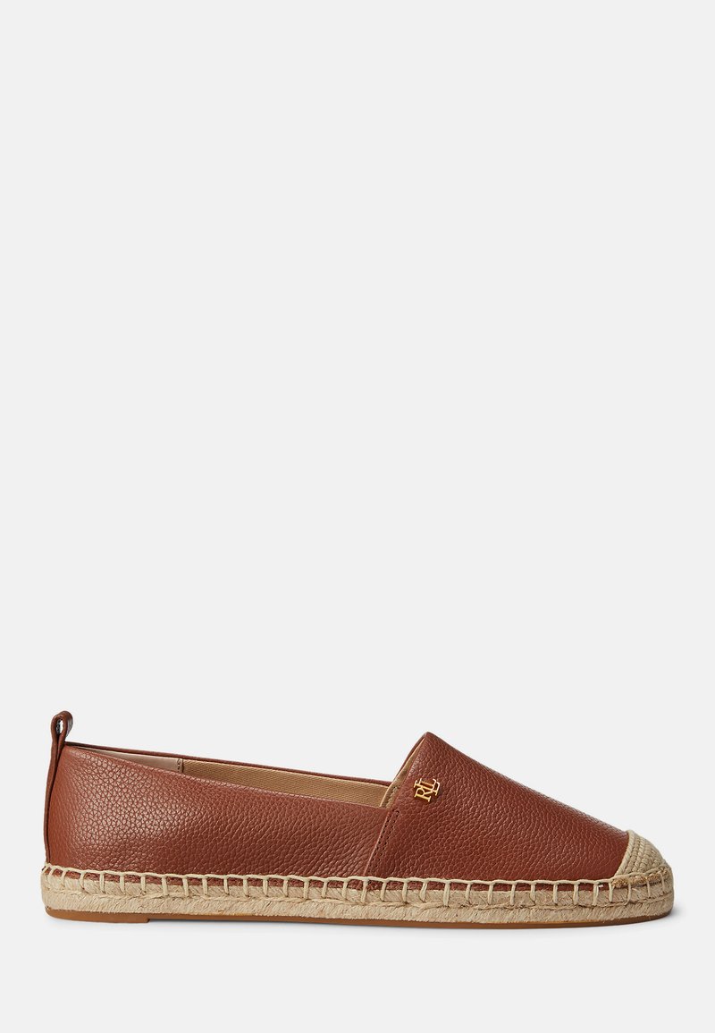 Brown leather espadrille with a smooth texture, jute rope sole, and a gold logo accent on the side. Rounded toe with casual design.