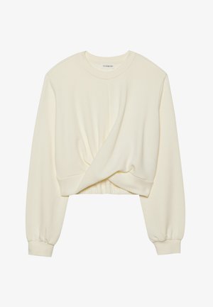 Krémpasta, skrajšan sweatshirt z dolgimi, oprijetimi rokavi. Ima obrnjen detajl spredaj in rebrast rob. Mehak, gladek material.