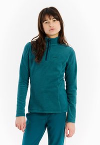 Teal fleece pullover met een kwart rits, hoge kraag en lange mouwen. Heeft een subtiele logo op de borst en een gestructureerde stof.