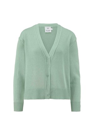 Cardigan a maglia verde chiaro con scollo a V, maniche lunghe e polsini e orlo a coste. Presenta cinque bottoni lungo la parte anteriore.