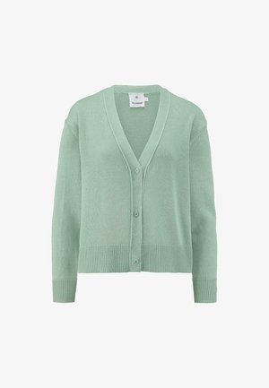 Hellgrüner gestrickter Cardigan mit V-Ausschnitt, langen Ärmeln und gerippten Bündchen und Saum. Verfügt über fünf Knöpfe an der Vorderseite.