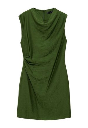 Abito verde corto realizzato in tessuto testurizzato, con scollo a cowl, design senza maniche e chiusura con zip posteriore.