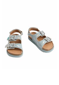 Himmelblau Sandalen mit zwei verstellbaren Schnallen, offenem Zehendesign und einer gepolsterten braunen Innensohle. Enthält verspielte Stickereien von Meereslebewesen.
