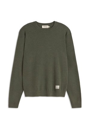 Maglione verde oliva con scollo rotondo, maniche lunghe e orlo a costine. Include un piccolo etichetta tessuta sul fronte inferiore. Tessuto di materiale morbido.