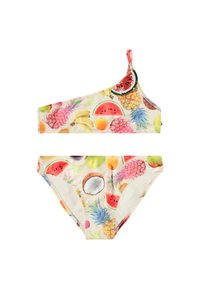 Bikini set s uzorkom voća koji se sastoji od topa s jednim ramenom i klasičnim donjim dijelom. Boje uključuju ružičastu, žutu, zelenu i bijelu; glatka tekstura.