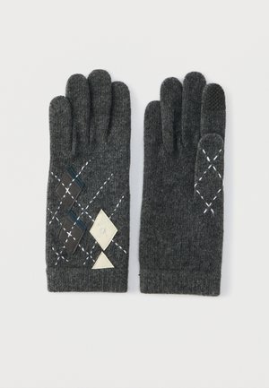 Grijze gebreide handschoenen met een ruitpatroon in zwart en crème, een gestructureerde grip en contrasterende stikdetails.